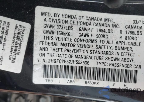 2018 Honda Civic Lx из США, поврежденный, VIN 2HGFC2F52JH553506